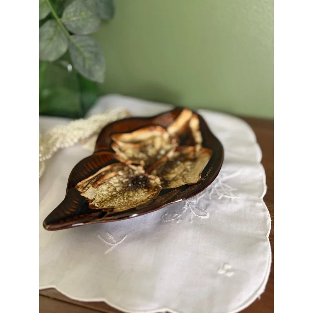 Brown Studio Pottery Plate, Vintage Handmade Tulip Motif